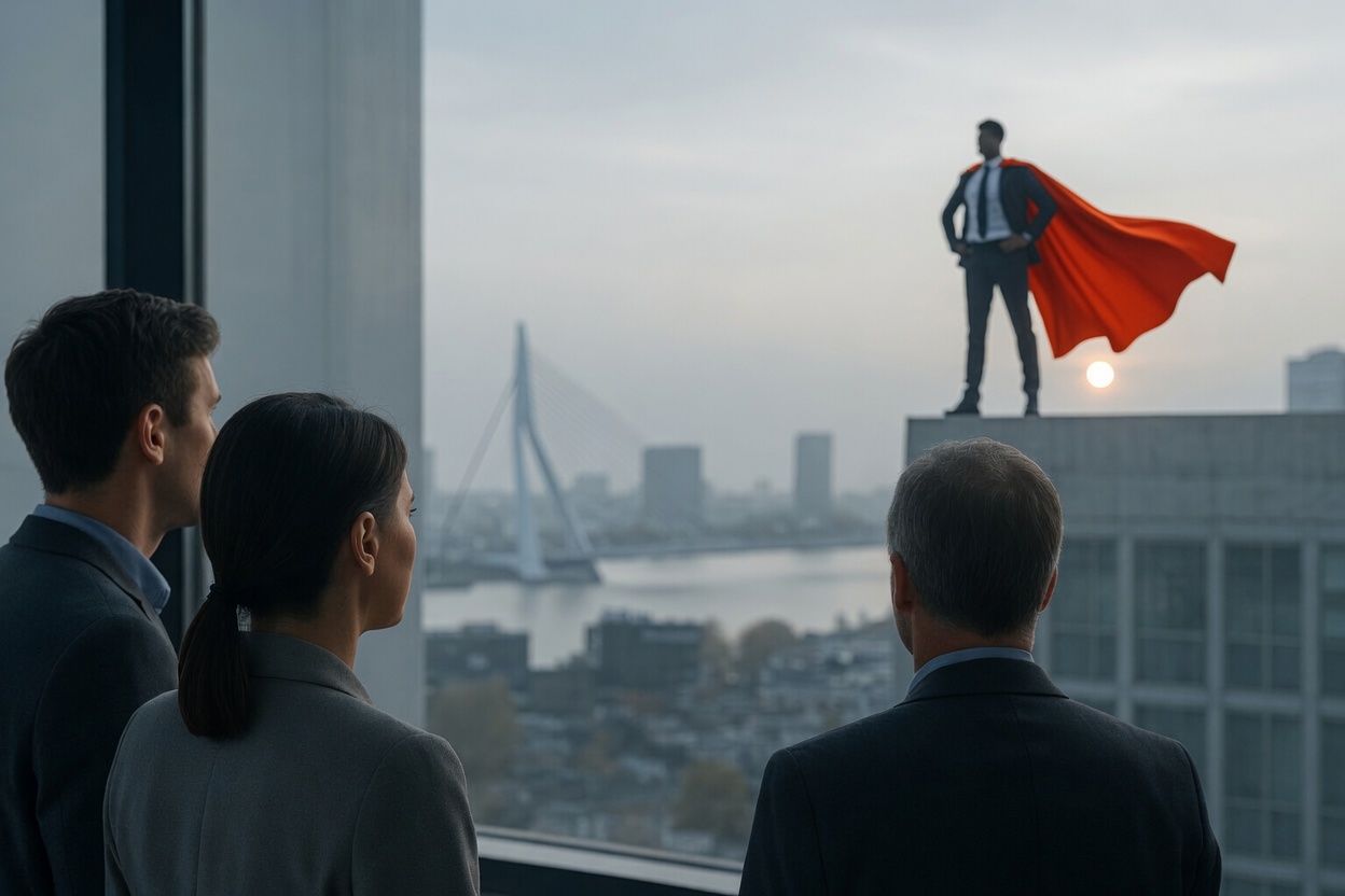 HSEQ hero with cape above the city skyline