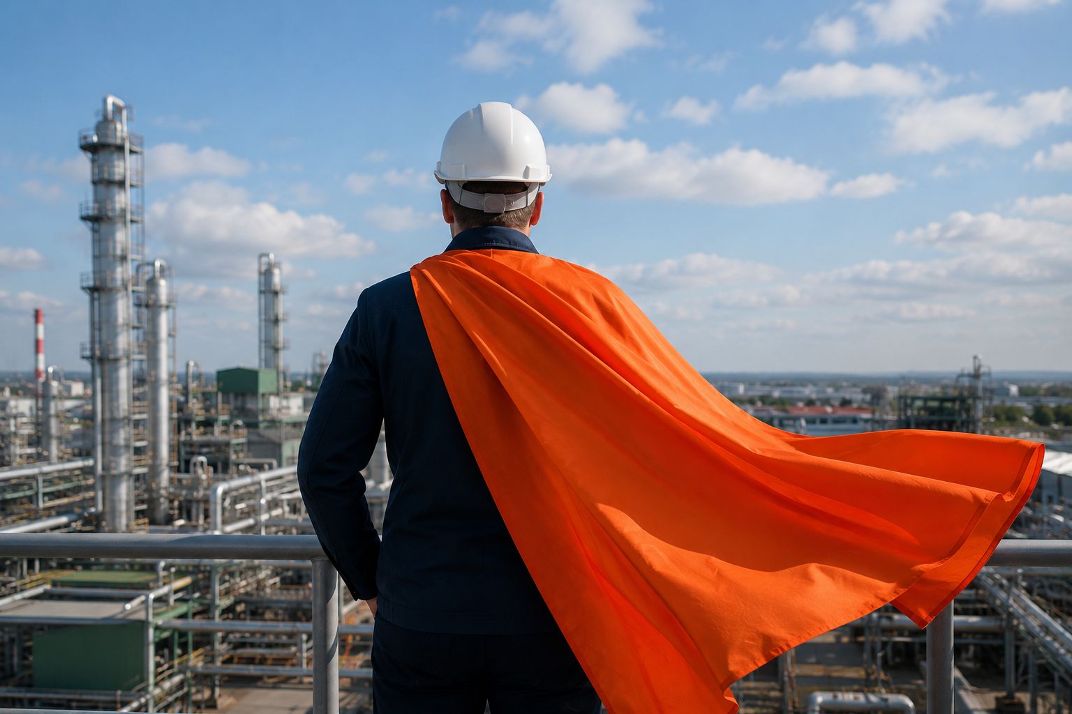 HSEQ hero with helmet and orange cape at an industrial site
