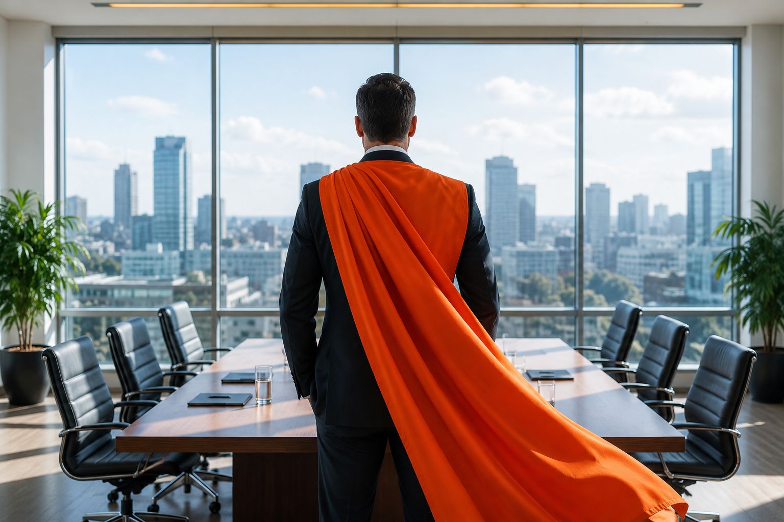 HSEQ hero with an orange cape in a bright meeting room overlooking the city