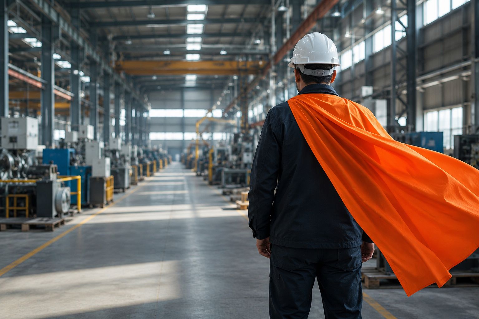 HSEQ hero with helmet and orange cape in a factory hall