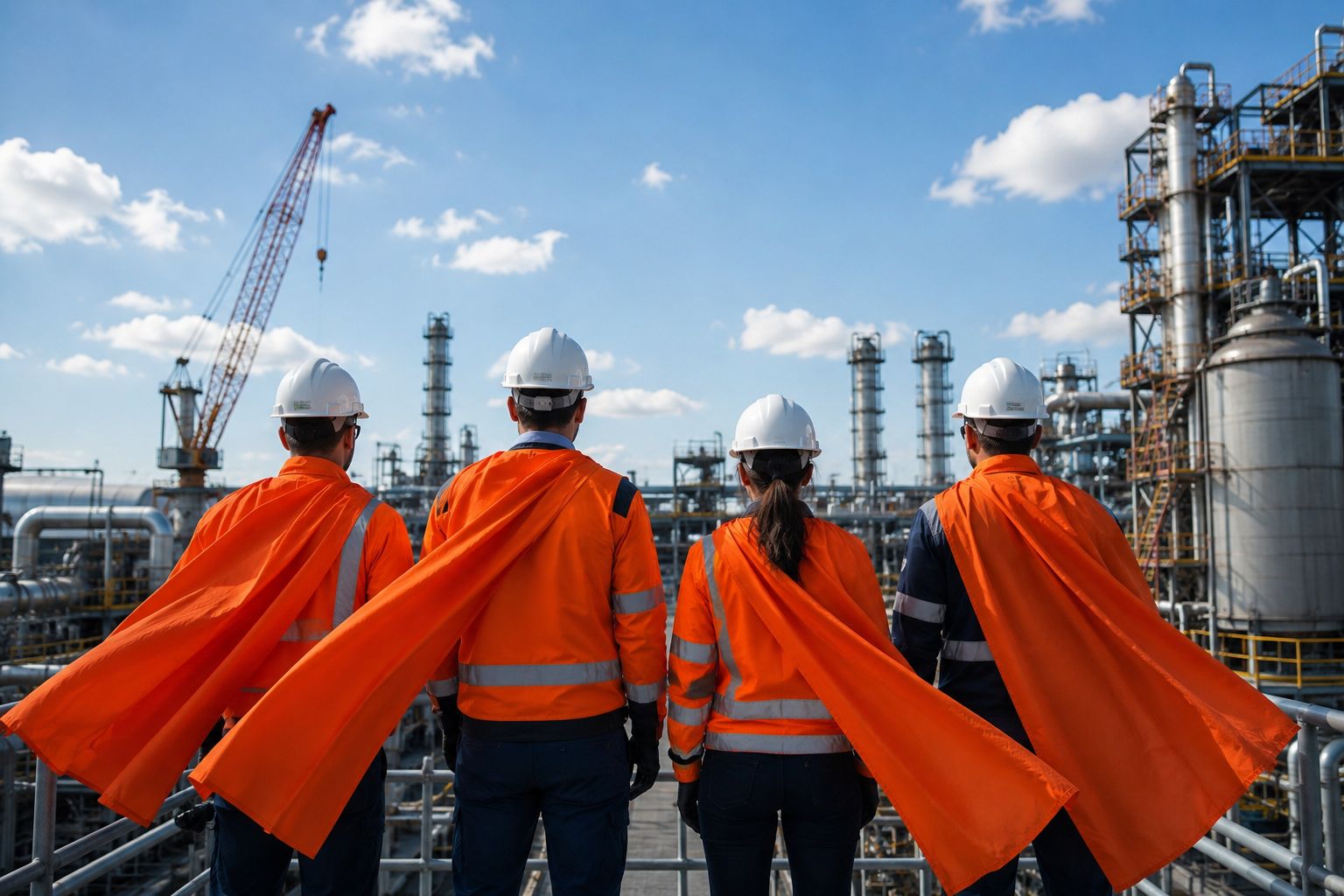 Team of HSEQ heroes with helmets, hi-vis vests and orange capes at an industrial site