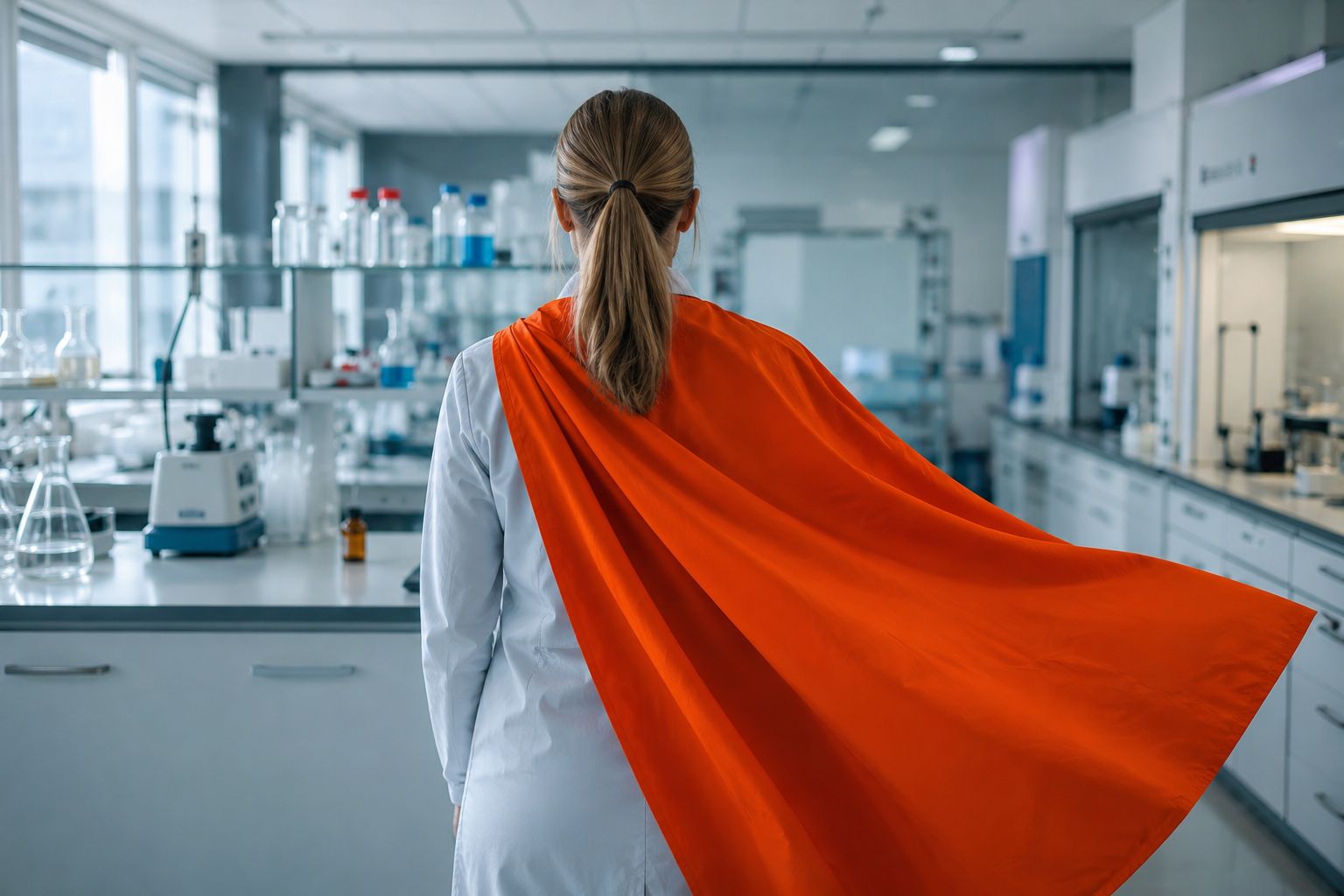 HSEQ hero in a lab coat with an orange cape in the laboratory